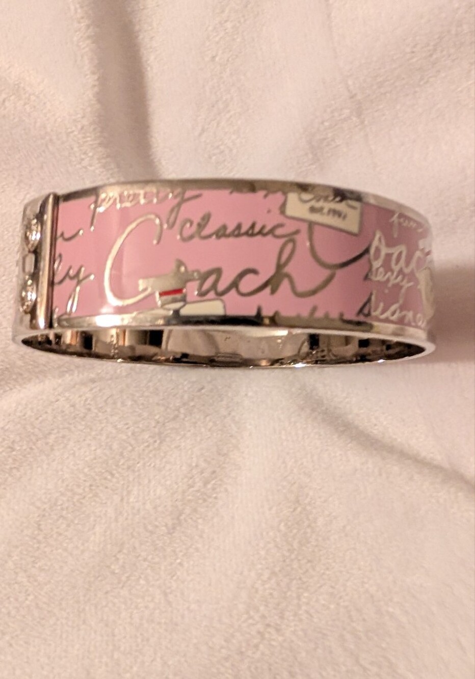 Coach Pink Script Perfume Bottle Enamel Bangle Bracelet Pink Silver Like New - Picture 13 of 13
